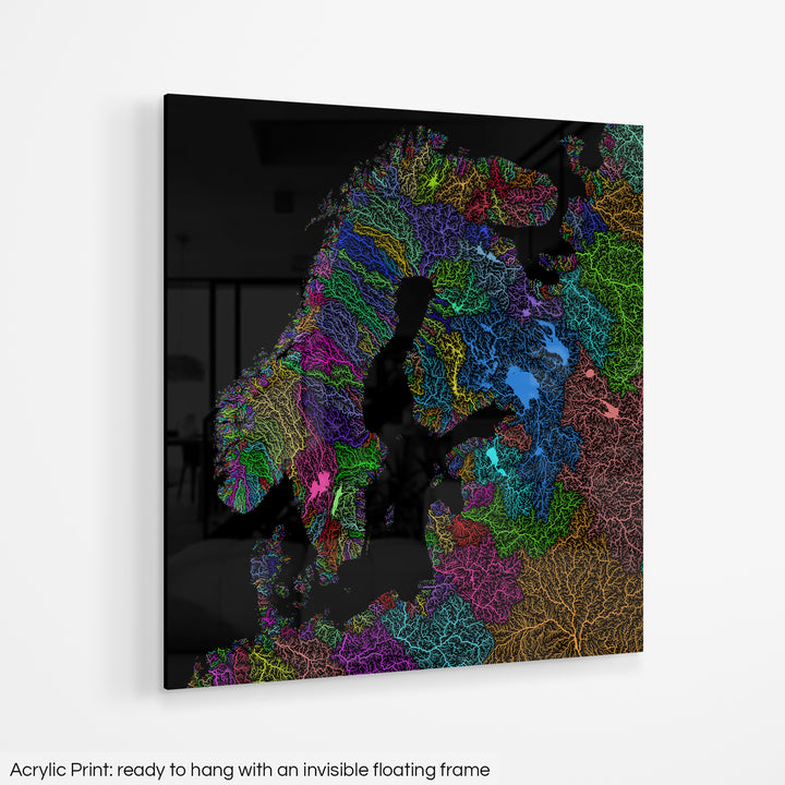 Northern Europe - River basin map, rainbow colours - Wall Art