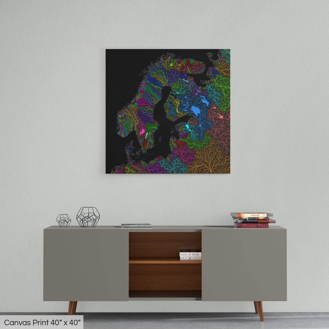 Northern Europe - River basin map, rainbow colours - Wall Art