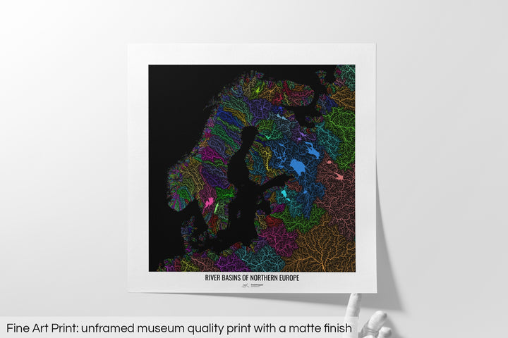 Northern Europe - River basin map, rainbow colours - Wall Art