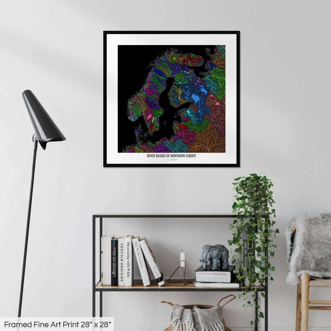 Northern Europe - River basin map, rainbow colours - Wall Art
