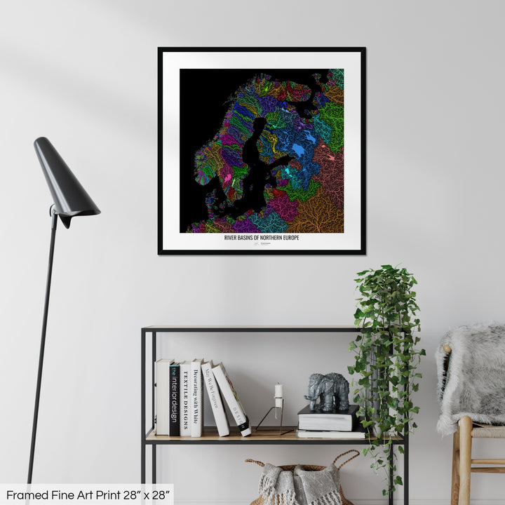 Northern Europe - River basin map, rainbow colours - Wall Art