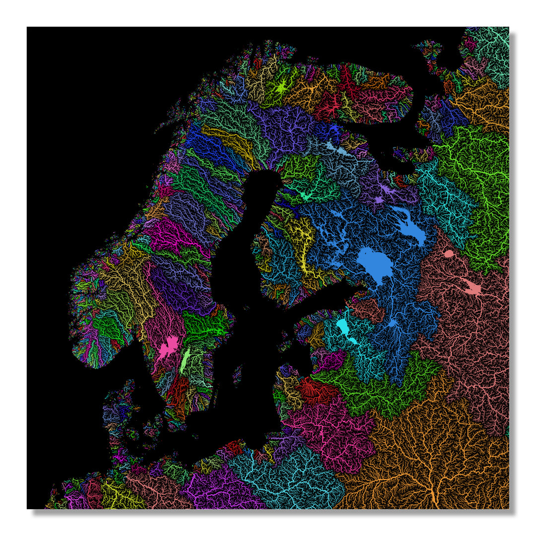 Northern Europe - River basin map, rainbow colours - Wall Art