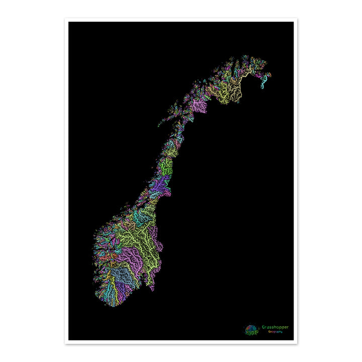River basin map of Norway, pastel colours on black - Fine Art Print