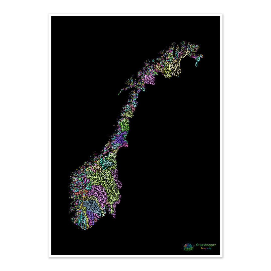 Norway - River basin map, pastel on black - Fine Art Print