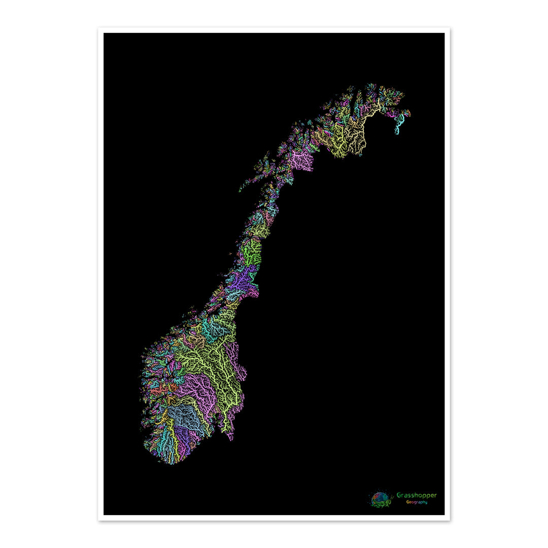 Norvège - Carte des bassins fluviaux, pastel sur noir - Fine Art Print