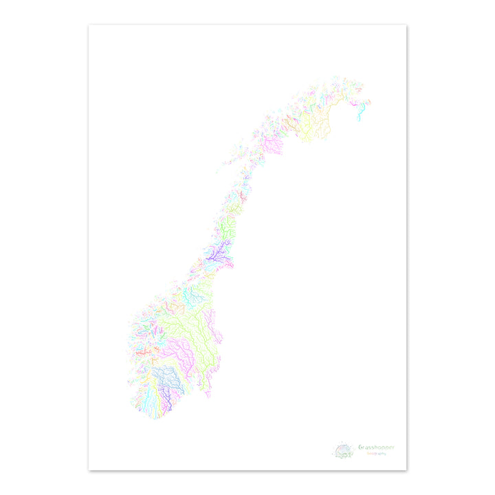 River basin map of Norway, pastel colours on white - Fine Art Print