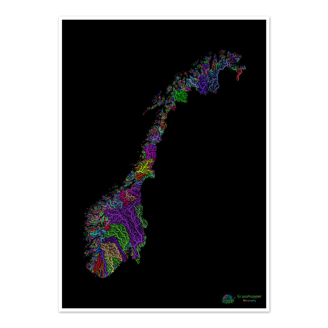 Norvège - Carte des bassins fluviaux, arc-en-ciel sur noir - Fine Art Print