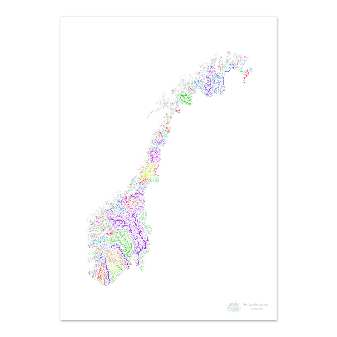 Norvège - Carte des bassins fluviaux, arc-en-ciel sur blanc - Fine Art Print