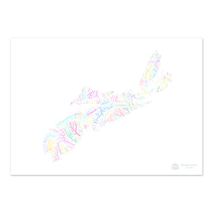Nova Escócia - Mapa da bacia hidrográfica, pastel sobre branco - Impressão de belas artes