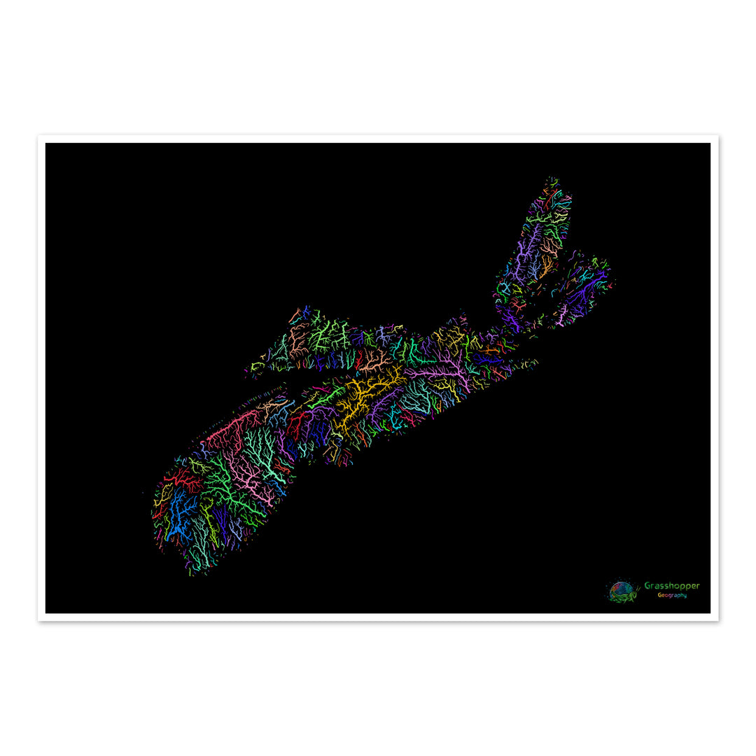 Nova Scotia - River basin map, rainbow on black - Fine Art Print