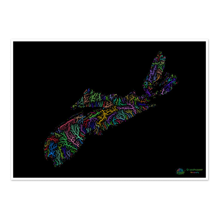Nova Scotia - River basin map, rainbow on black - Fine Art Print