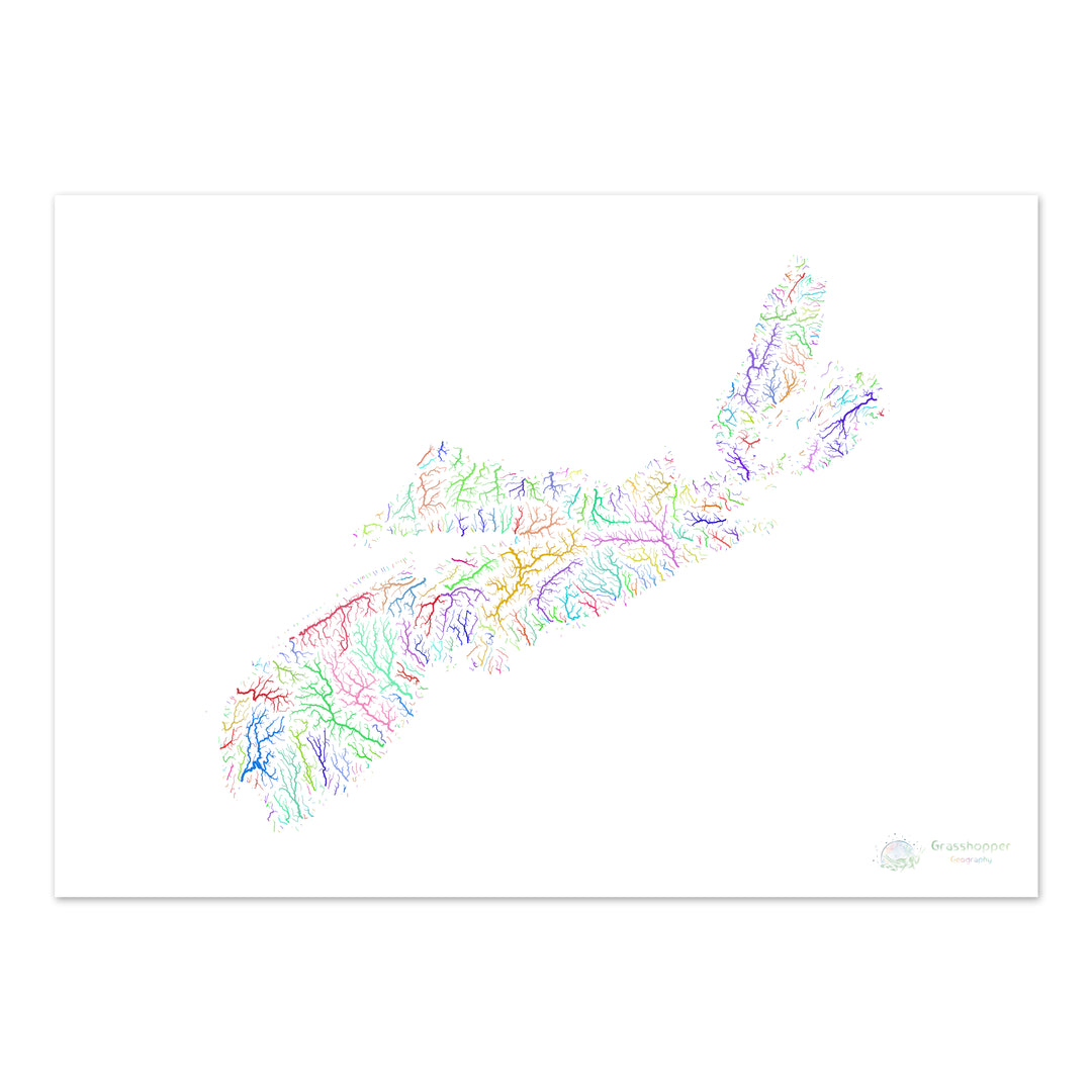 Nouvelle-Écosse - Carte du bassin fluvial, arc-en-ciel sur blanc - Fine Art Print
