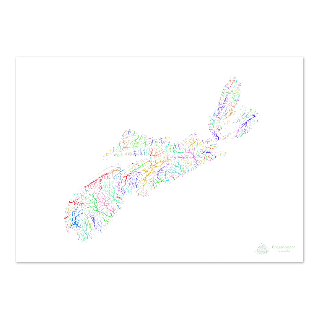 Nova Scotia - River basin map, rainbow on white - Fine Art Print