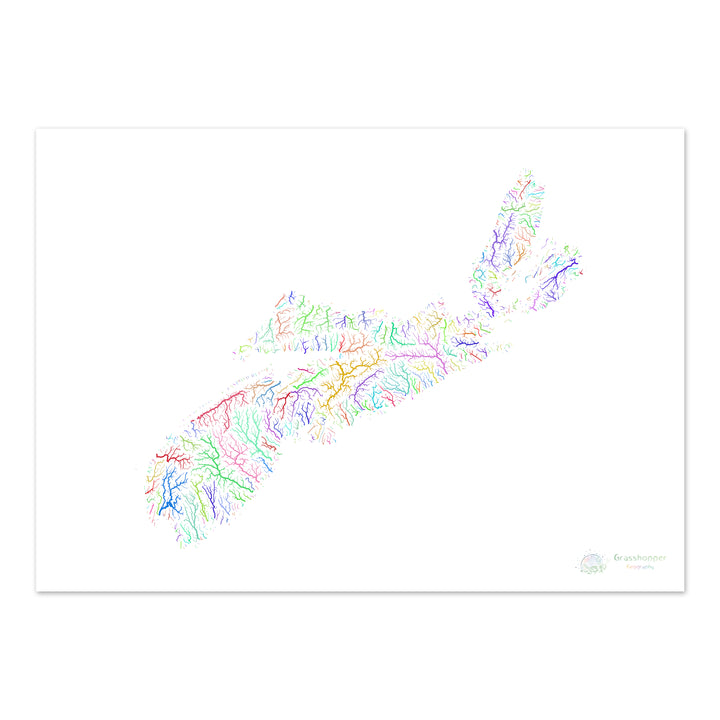 Nova Scotia - River basin map, rainbow on white - Fine Art Print