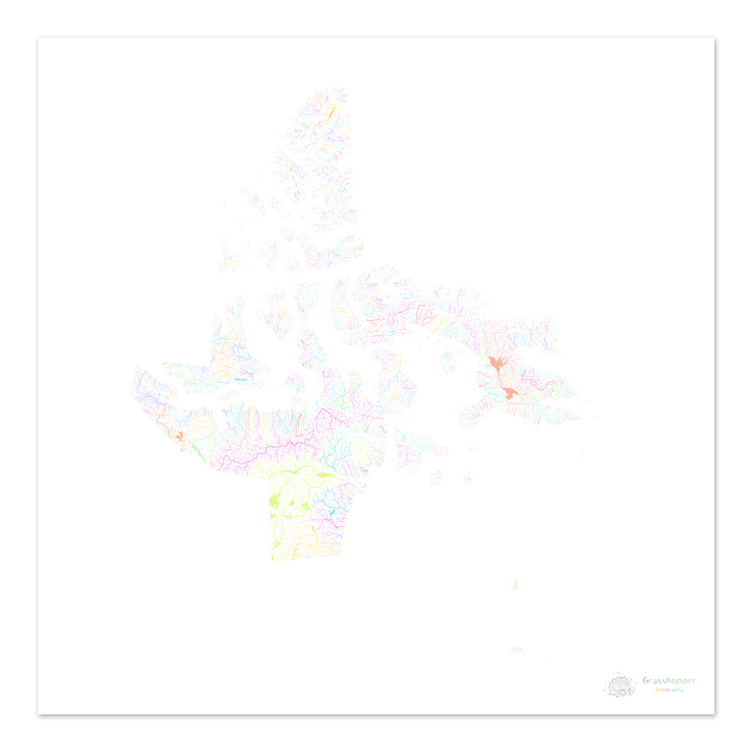 Nunavut - Mapa de la cuenca del río, pastel sobre blanco - Impresión de Bellas Artes