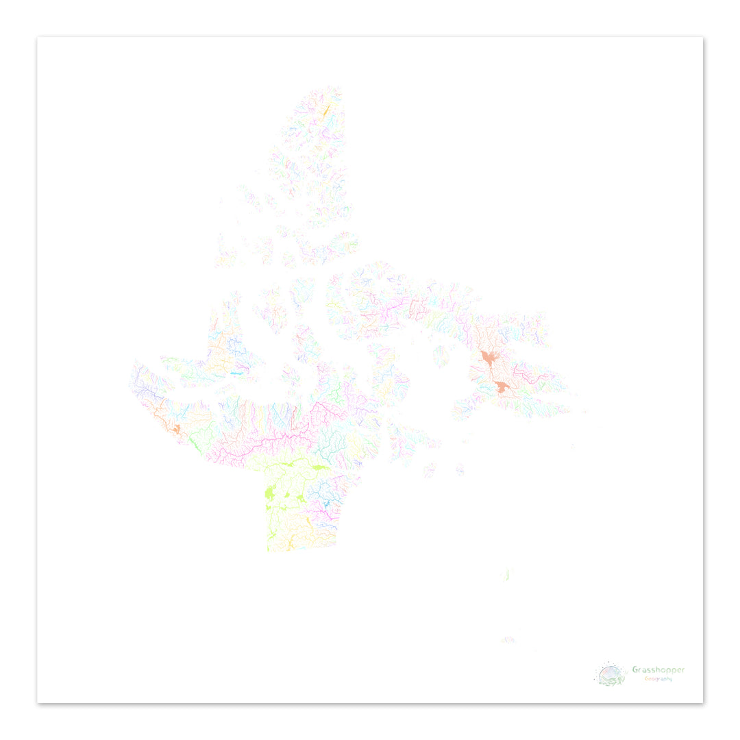 Nunavut - Mapa da bacia hidrográfica, pastel sobre branco - Impressão de belas artes