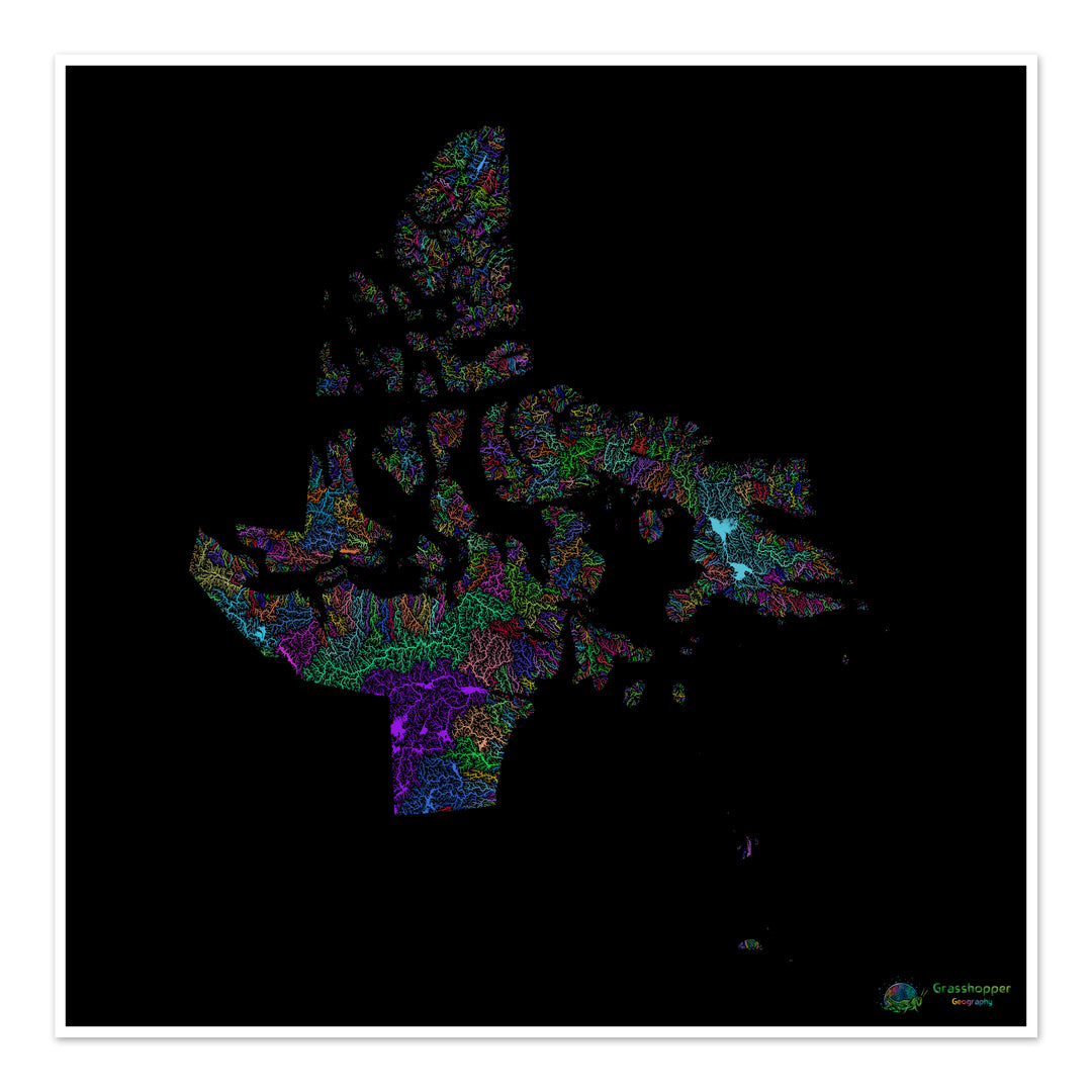 Nunavut - Carte du bassin fluvial, arc-en-ciel sur noir - Fine Art Print