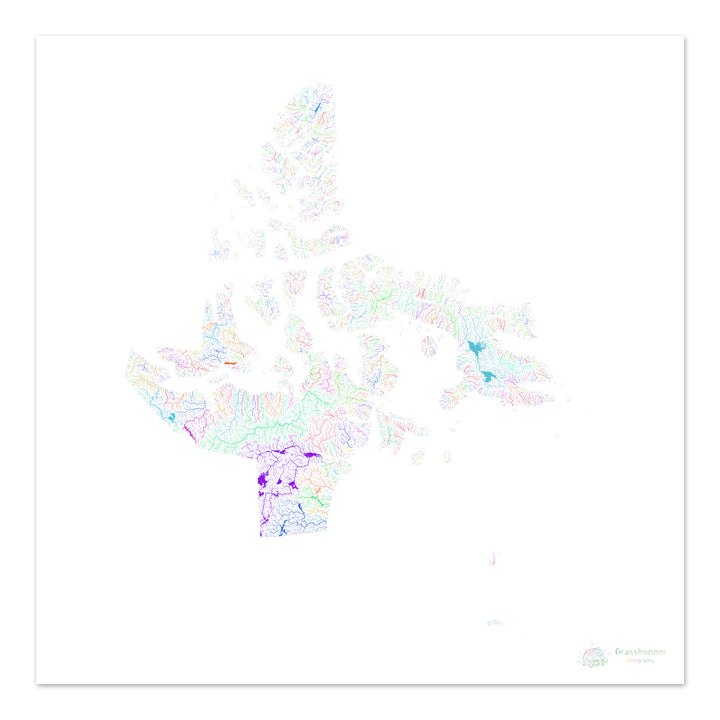 Nunavut - Mapa de la cuenca fluvial, arco iris sobre blanco - Impresión de bellas artes