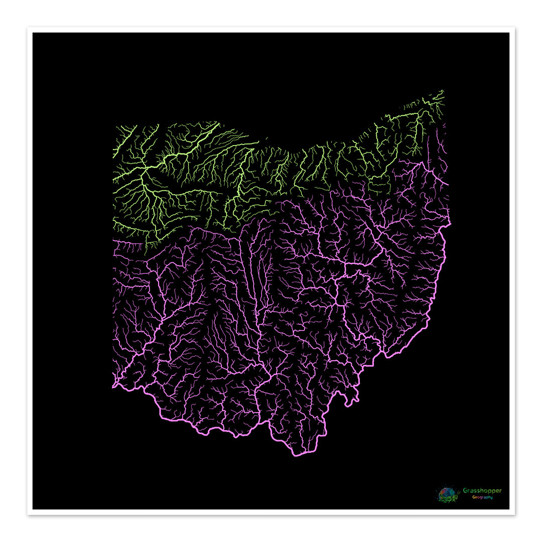 River basin map of Ohio, pastel colours on black - Fine Art Print