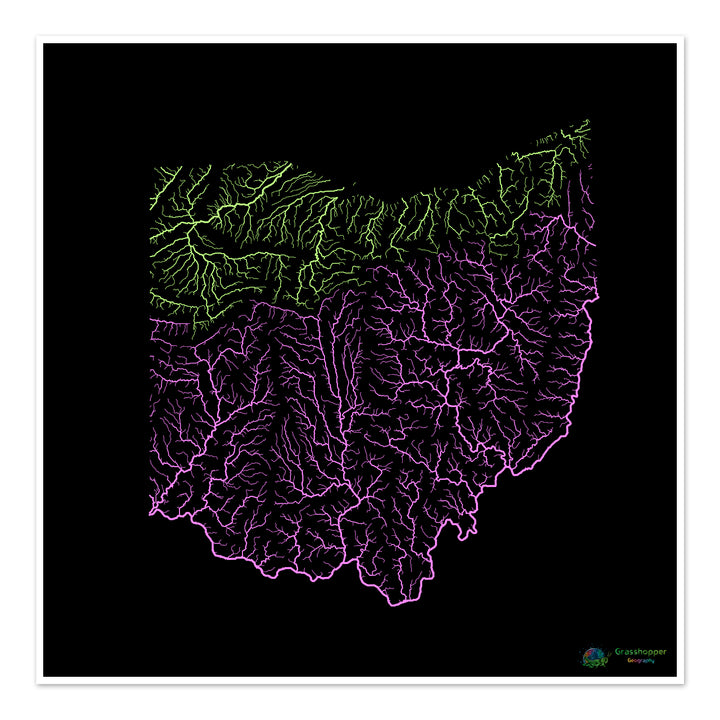 Ohio - Mapa de la cuenca del río, pastel sobre negro - Impresión de Bellas Artes