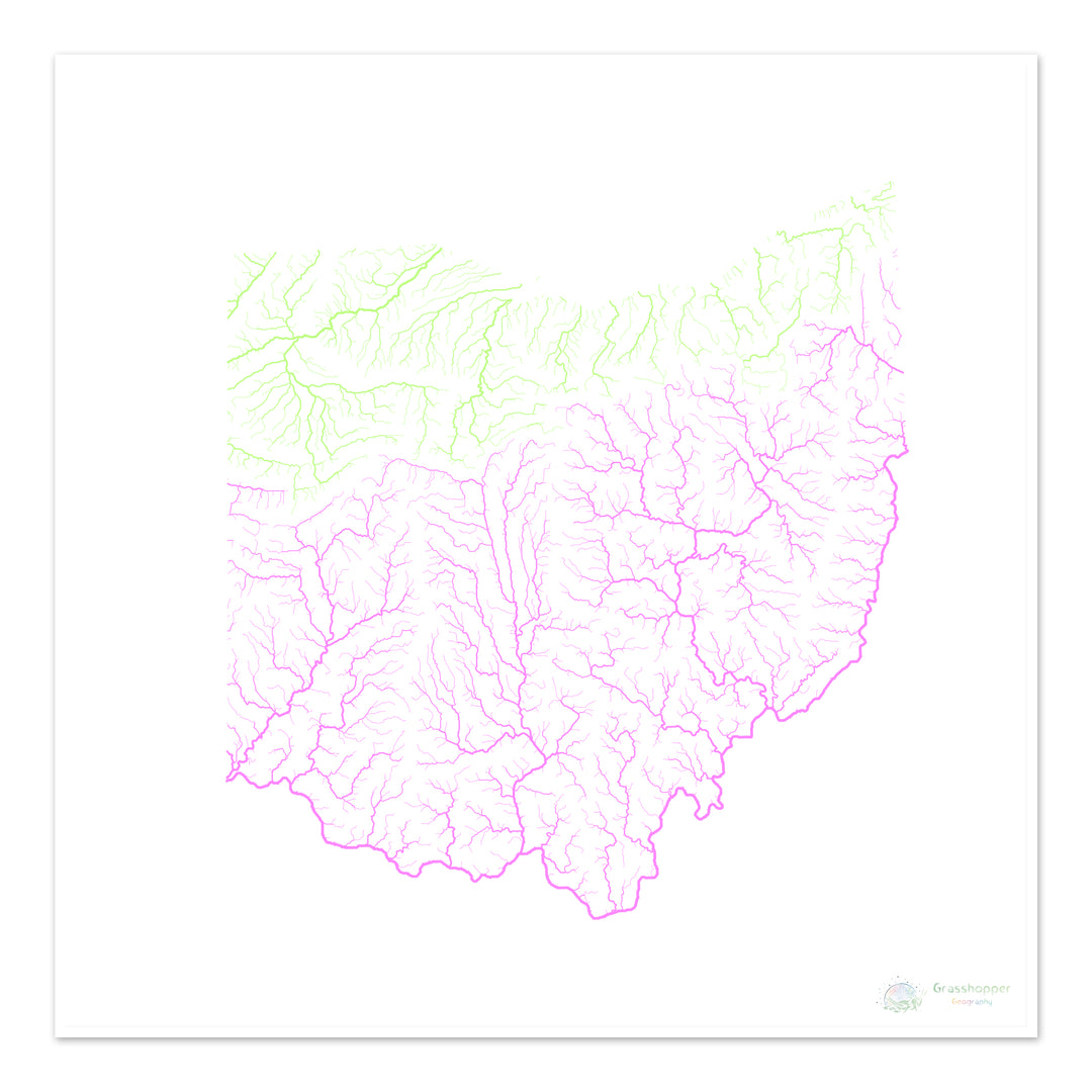 Ohio - Mapa da bacia hidrográfica, pastel sobre branco - Impressão de belas artes