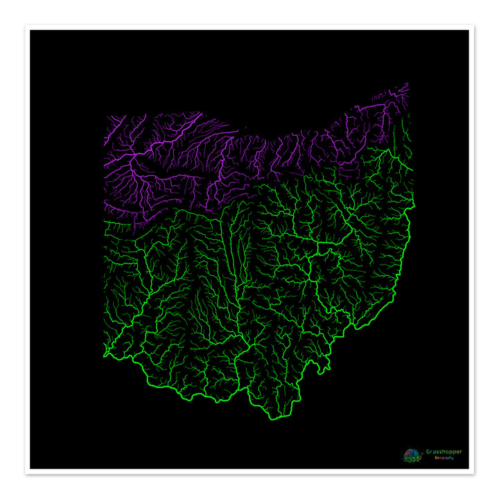 Ohio - Carte du bassin fluvial, arc-en-ciel sur noir - Fine Art Print