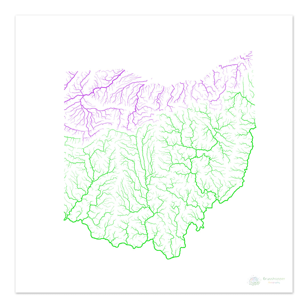Ohio - Mapa de la cuenca del río, arco iris sobre blanco - Impresión de Bellas Artes