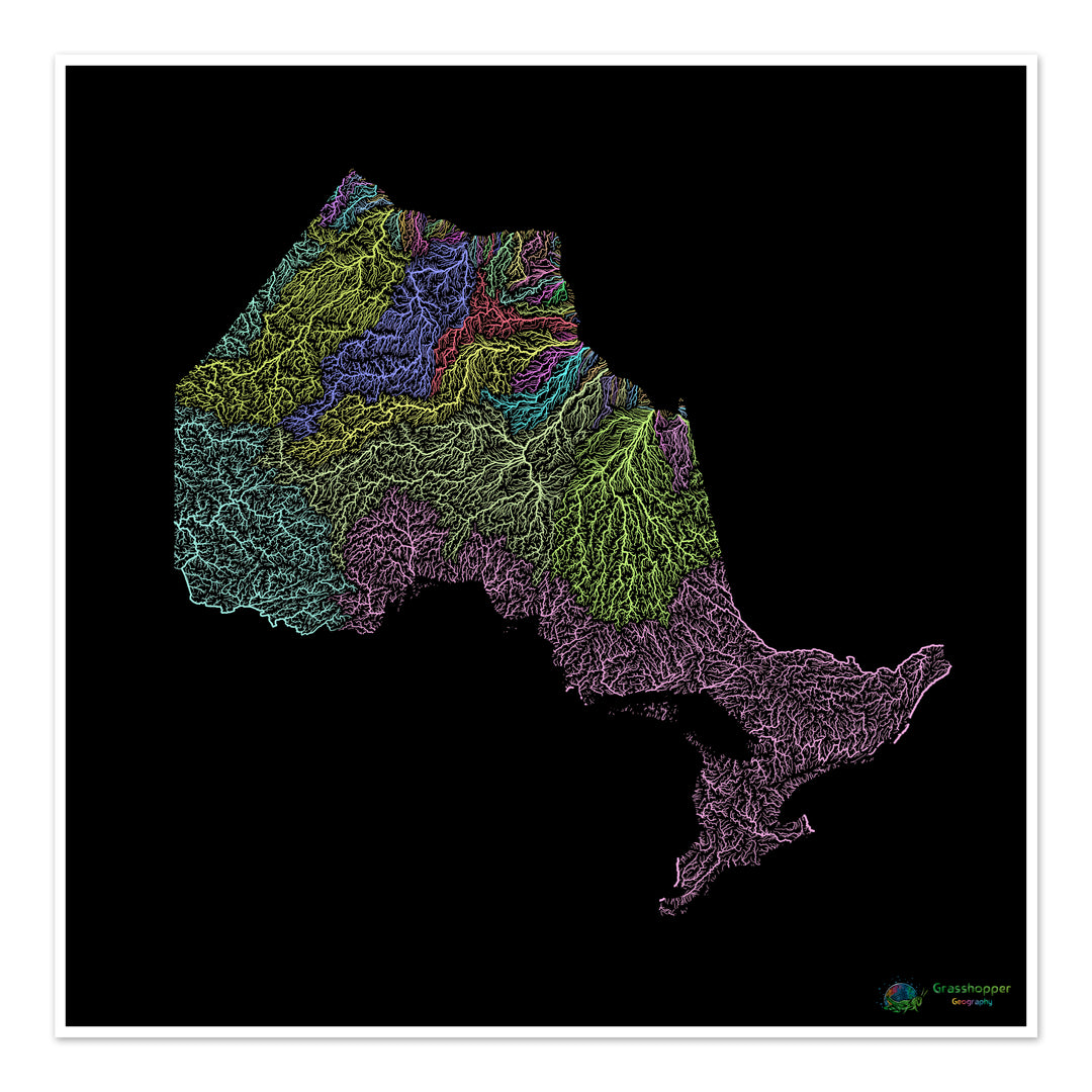 Ontario - River basin map, pastel on black - Fine Art Print