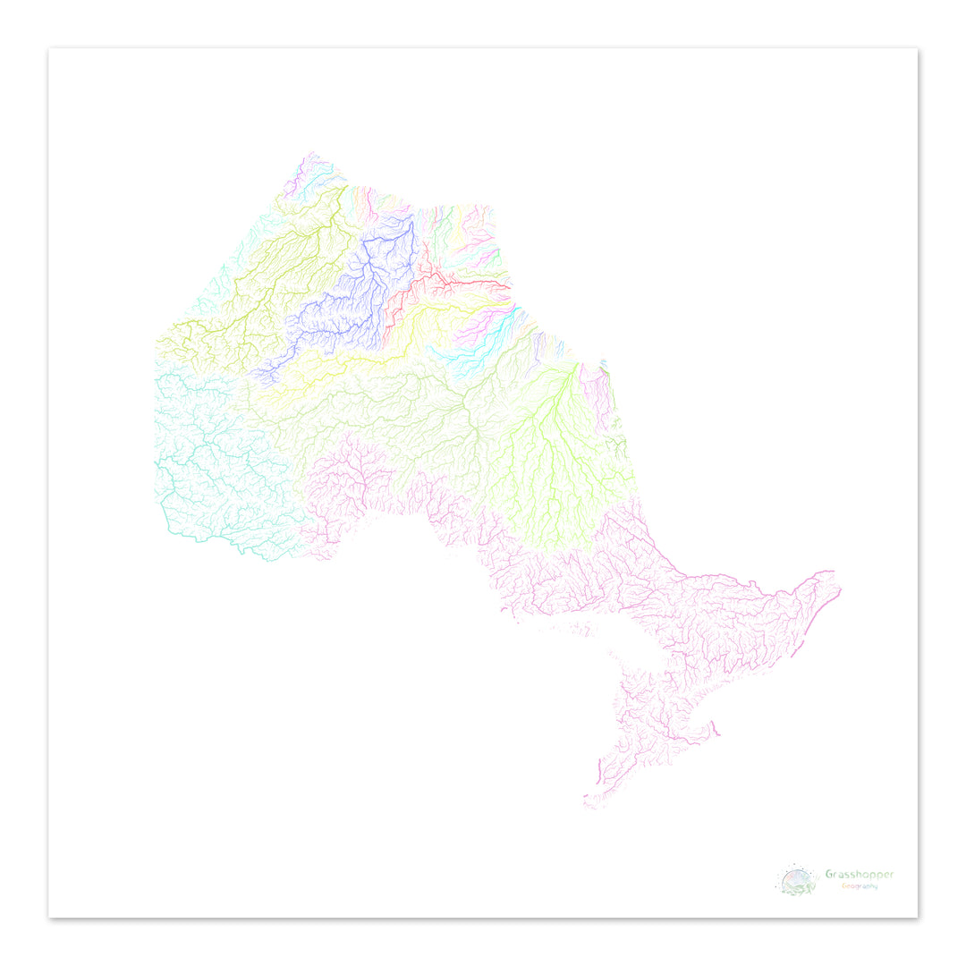 Ontário - Mapa da bacia hidrográfica, pastel sobre branco - Impressão de belas artes