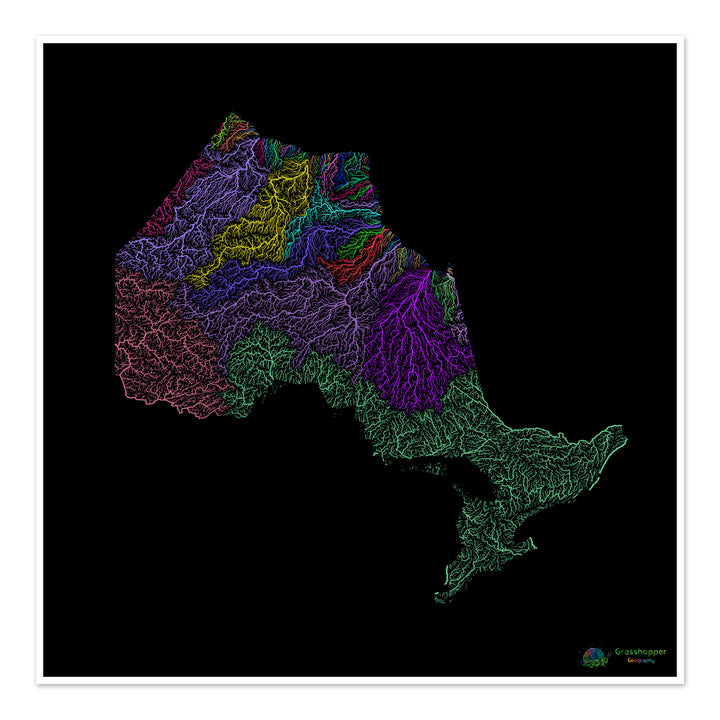 Ontario - Carte des bassins fluviaux, arc-en-ciel sur noir - Fine Art Print