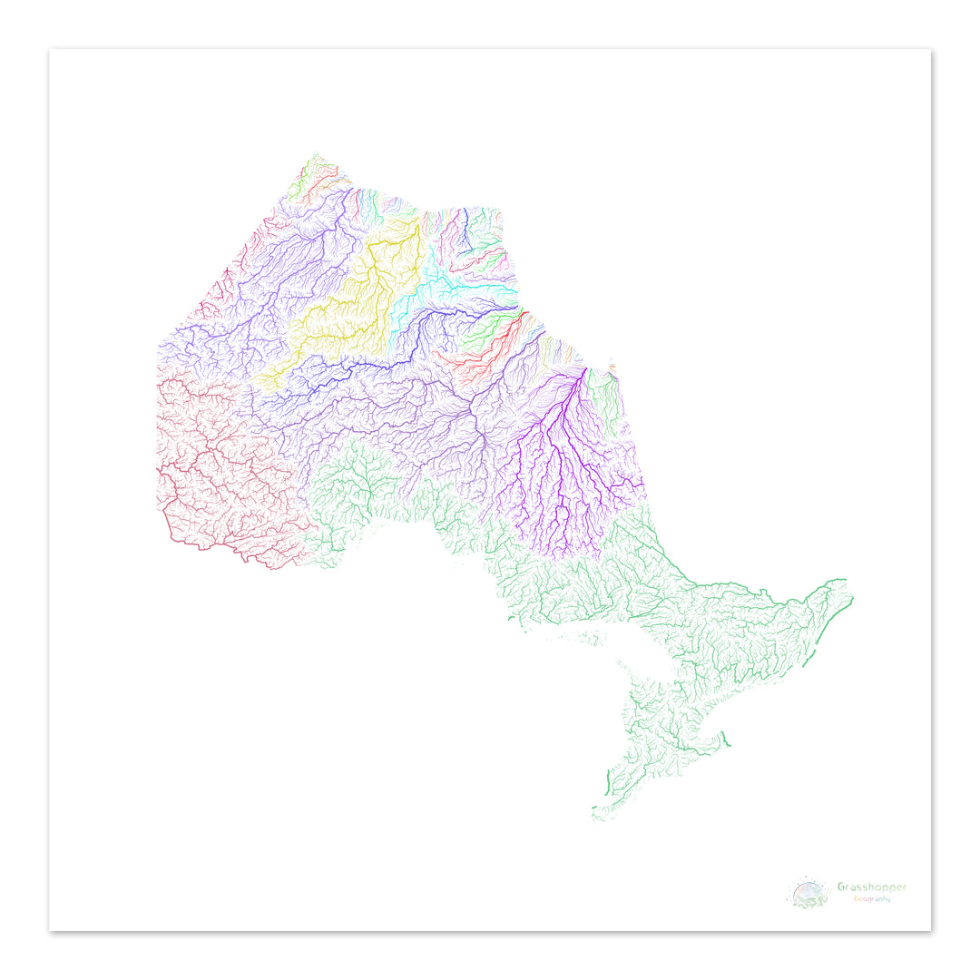 Ontario - River basin map, rainbow on white - Fine Art Print