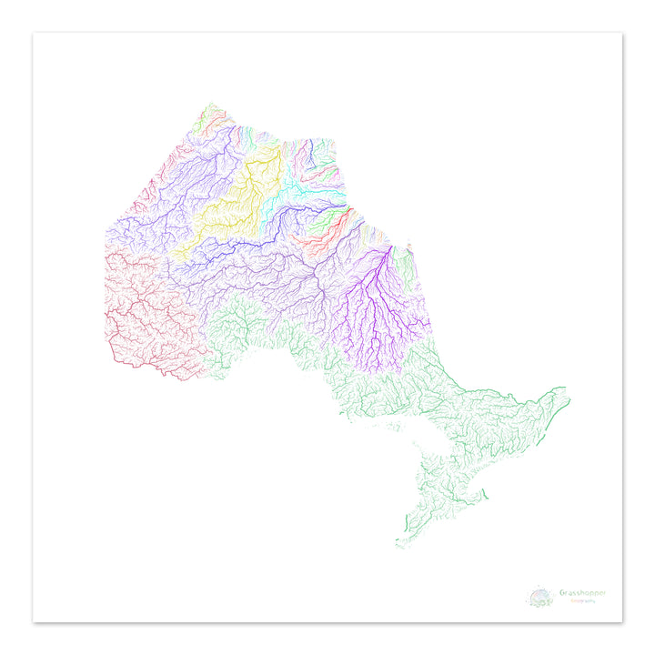 Ontario - Mapa de la cuenca del río, arco iris sobre blanco - Impresión de Bellas Artes