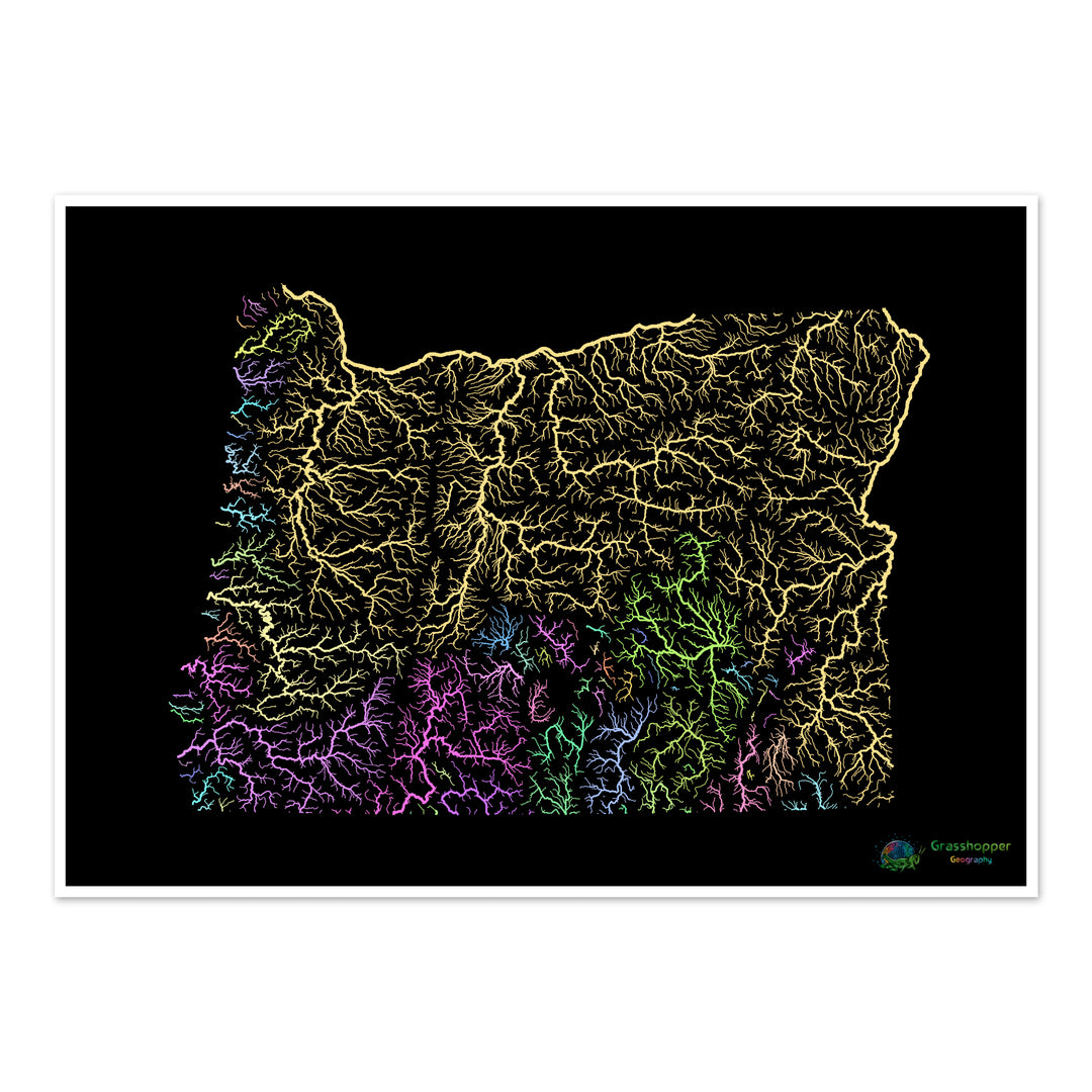 River basin map of Oregon, pastel colours on black - Fine Art Print