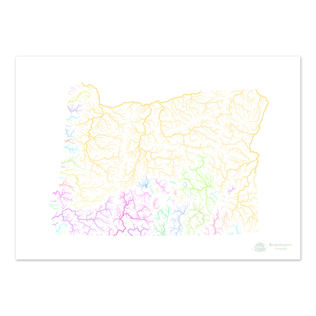 Oregón - Mapa de la cuenca fluvial, pastel sobre blanco - Impresión de bellas artes