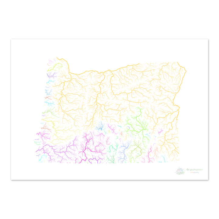 Oregon - Carte du bassin fluvial, pastel sur blanc - Fine Art Print