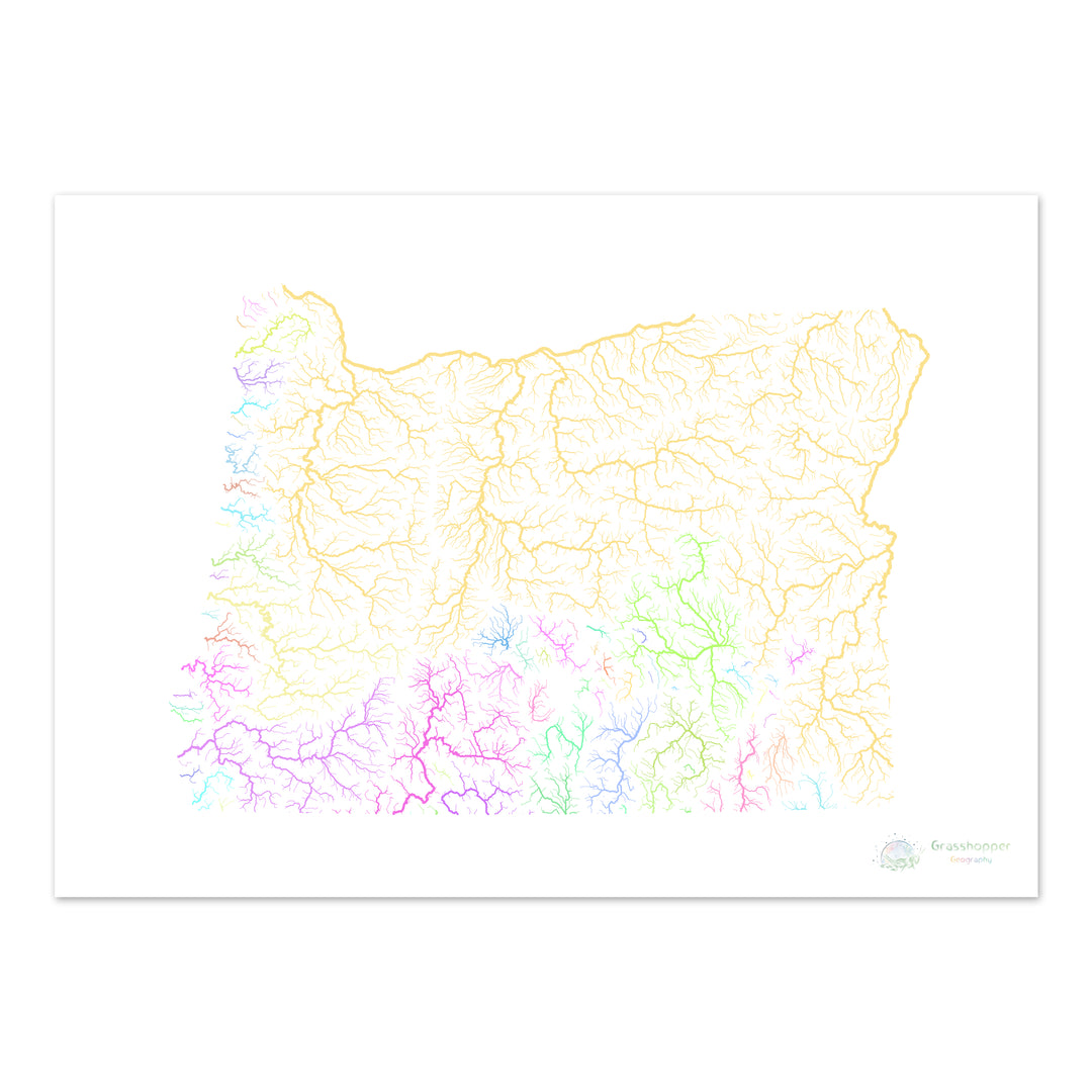 Oregon - Carte du bassin fluvial, pastel sur blanc - Fine Art Print