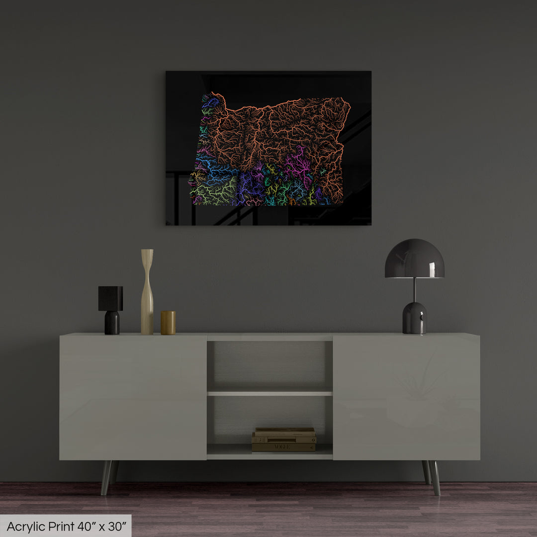 Oregon - River basin map, rainbow colours - Wall Art