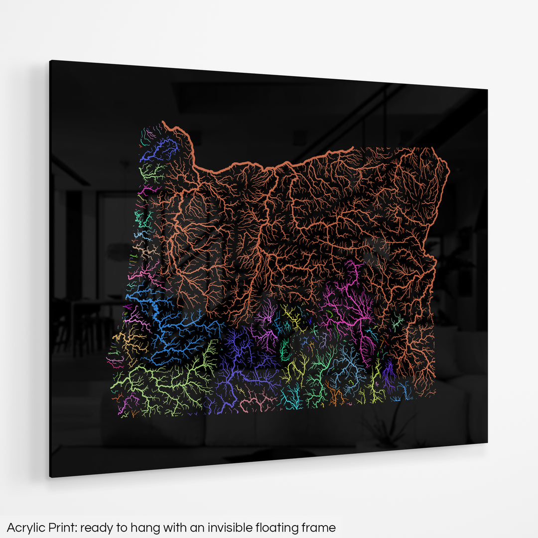 Oregon - River basin map, rainbow colours - Wall Art