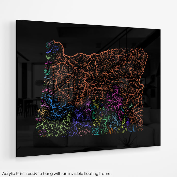 Oregon - River basin map, rainbow colours - Wall Art