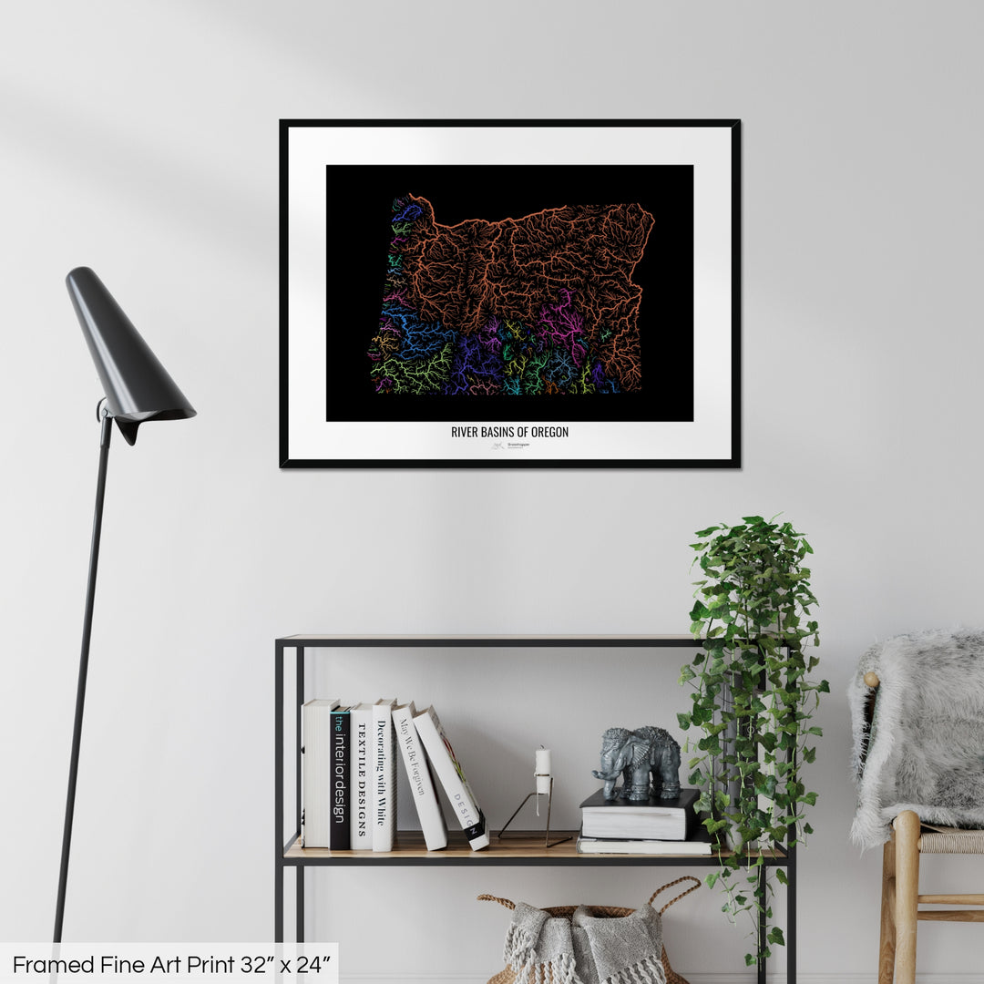 Oregon - River basin map, rainbow colours - Wall Art