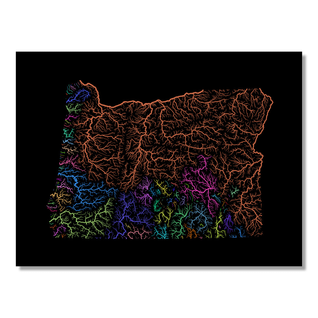 Oregon - River basin map, rainbow colours - Wall Art