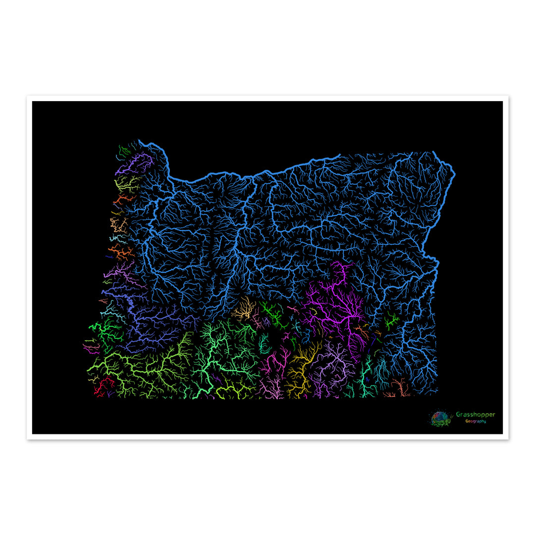 Oregón - Mapa de la cuenca fluvial, arco iris sobre negro - Impresión de bellas artes