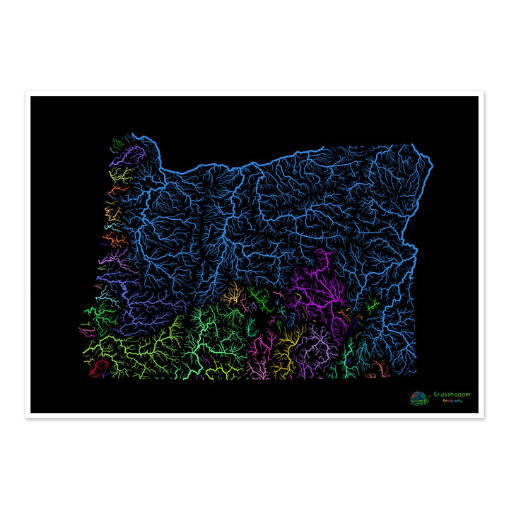 Oregón - Mapa de la cuenca fluvial, arco iris sobre negro - Impresión de bellas artes