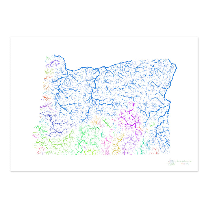 Oregon - River basin map, rainbow on white - Fine Art Print