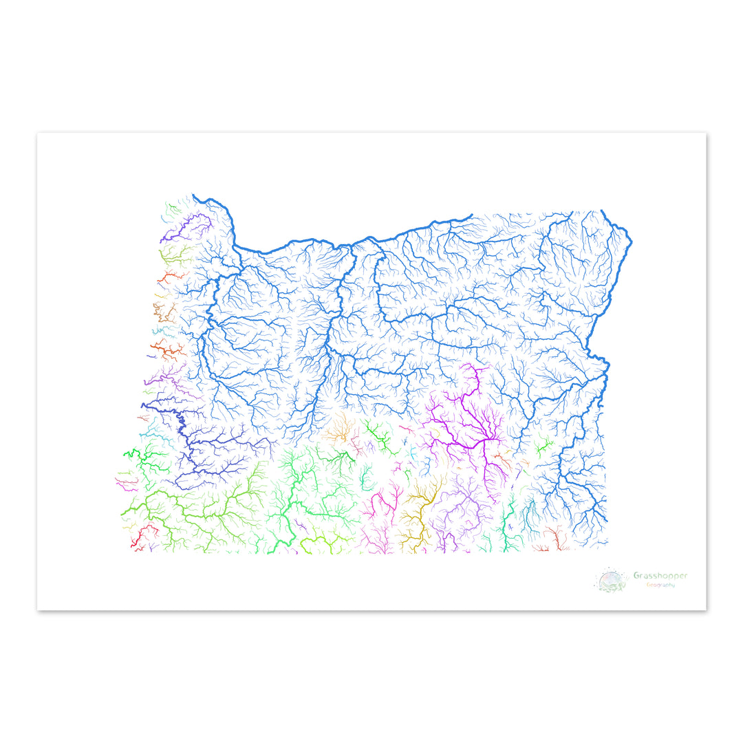 Oregón - Mapa de la cuenca fluvial, arco iris sobre blanco - Impresión de bellas artes