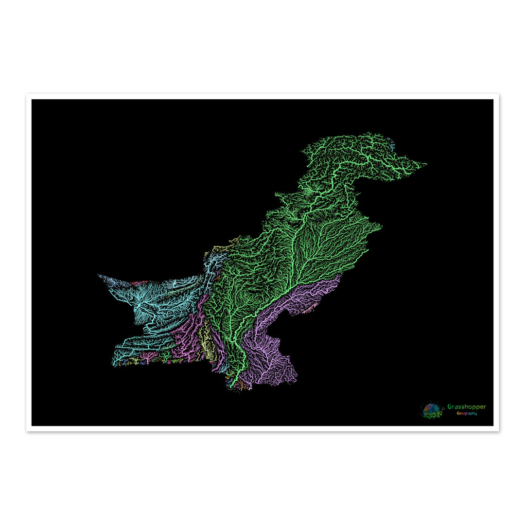 Pakistan - River basin map, pastel on black - Fine Art Print