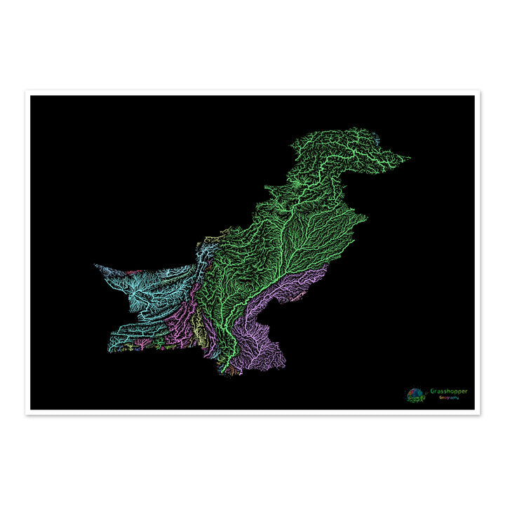 Paquistão - Mapa da bacia hidrográfica, pastel sobre preto - Impressão de belas artes