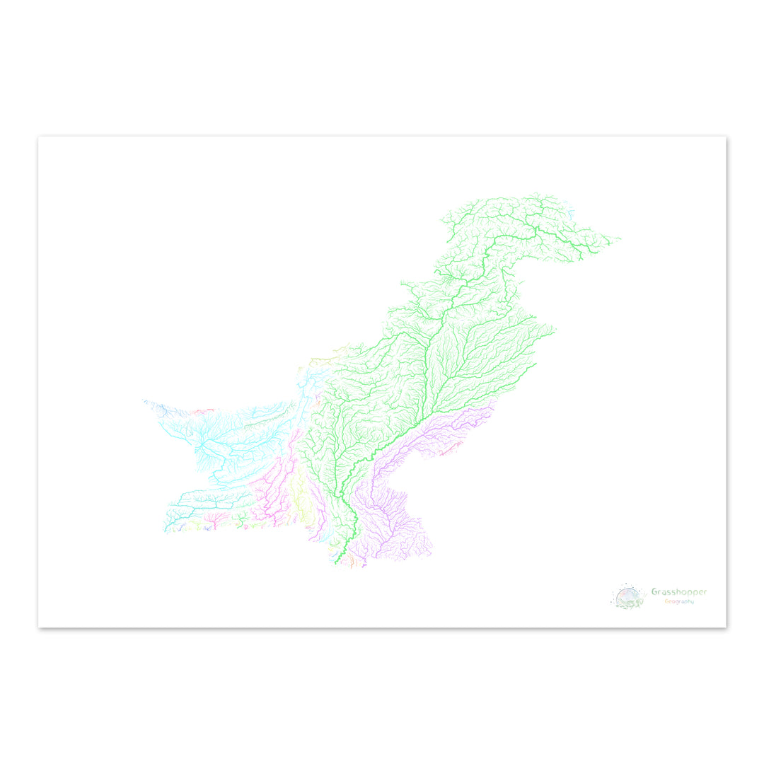 Pakistan - River basin map, pastel on white - Fine Art Print