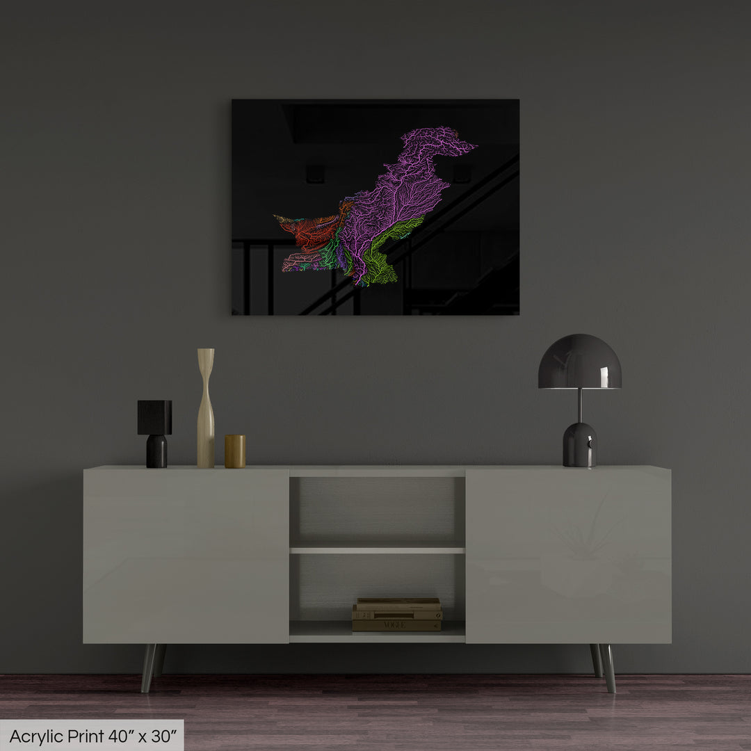 Pakistan - River basin map, rainbow colours - Wall Art
