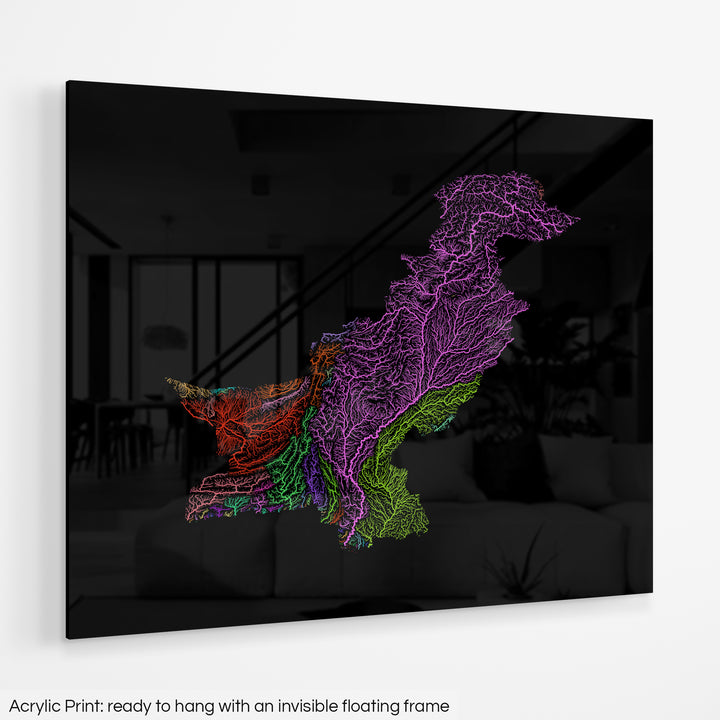 Pakistan - River basin map, rainbow colours - Wall Art